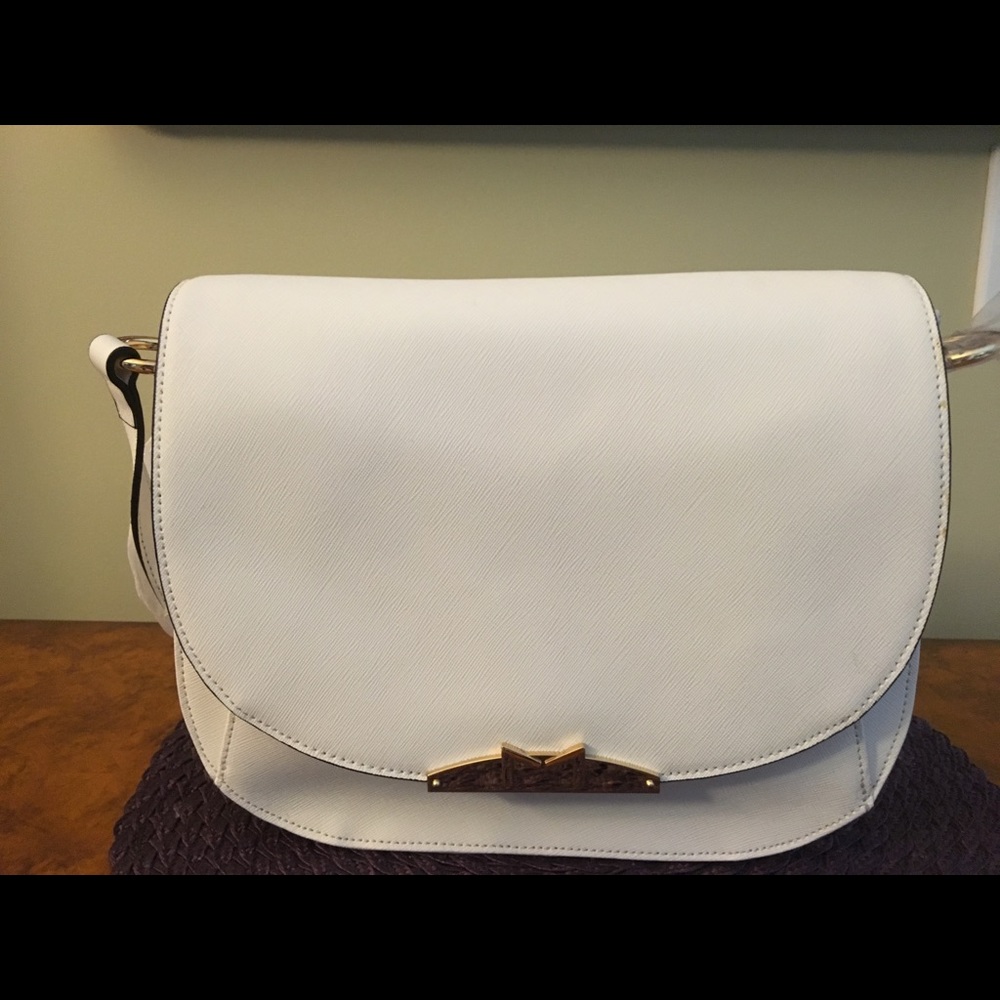 Mark Fisher White Saffiano Leather Crossbody Bag.